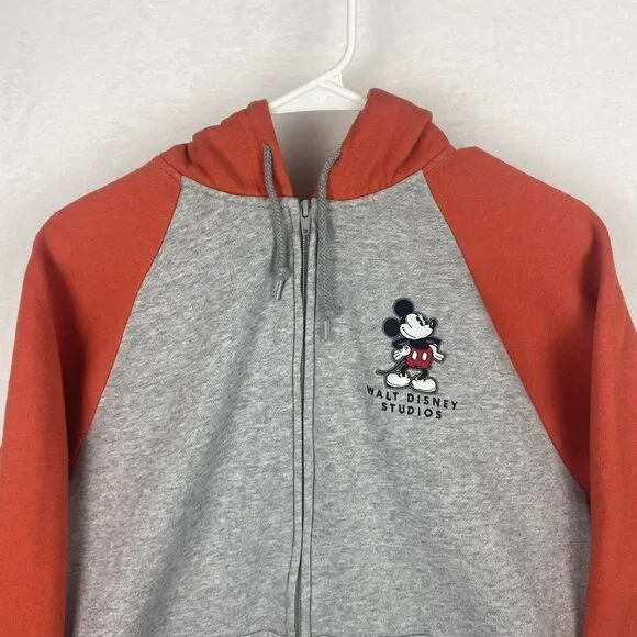 Disney Mickey Mouse Adult Zip Up Sweater Large Gray Orange Hooded Pockets - Picture 3 of 14